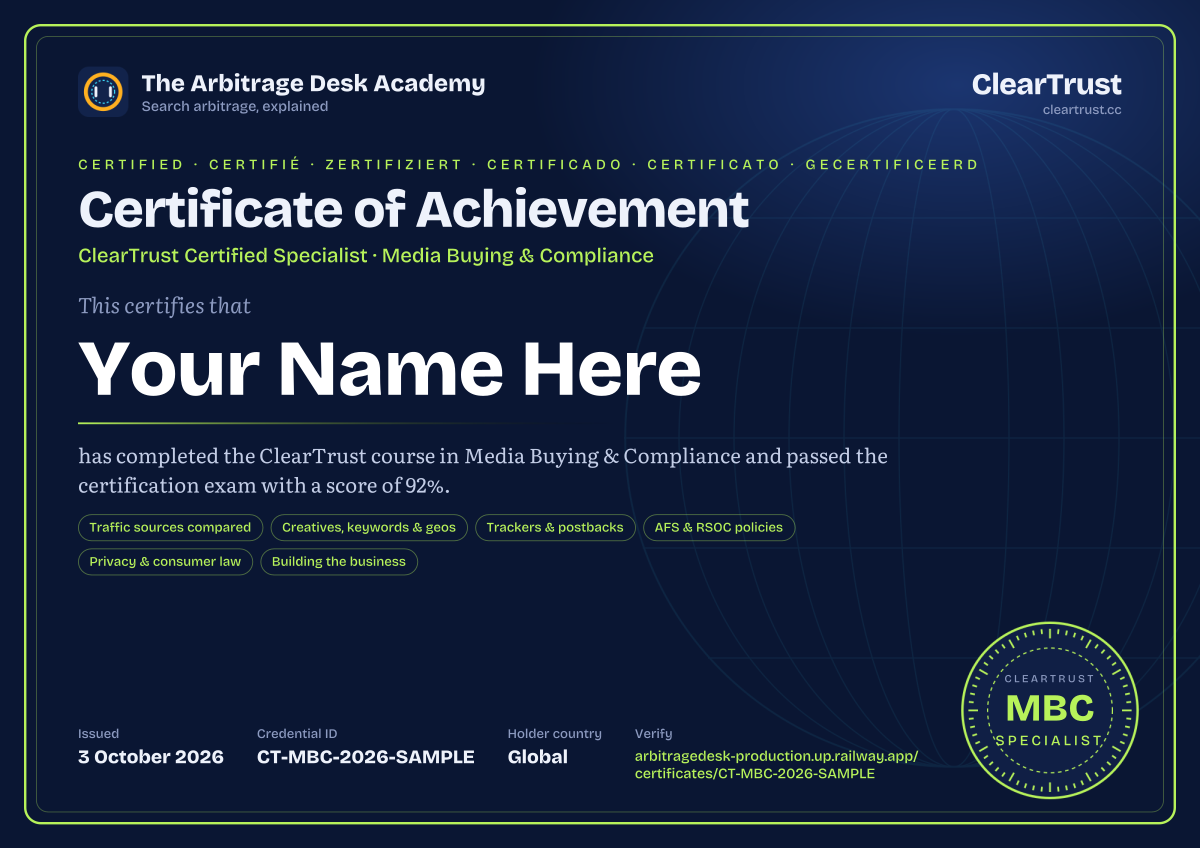 Specimen of the ClearTrust Certified Specialist: Media Buying & Compliance certificate