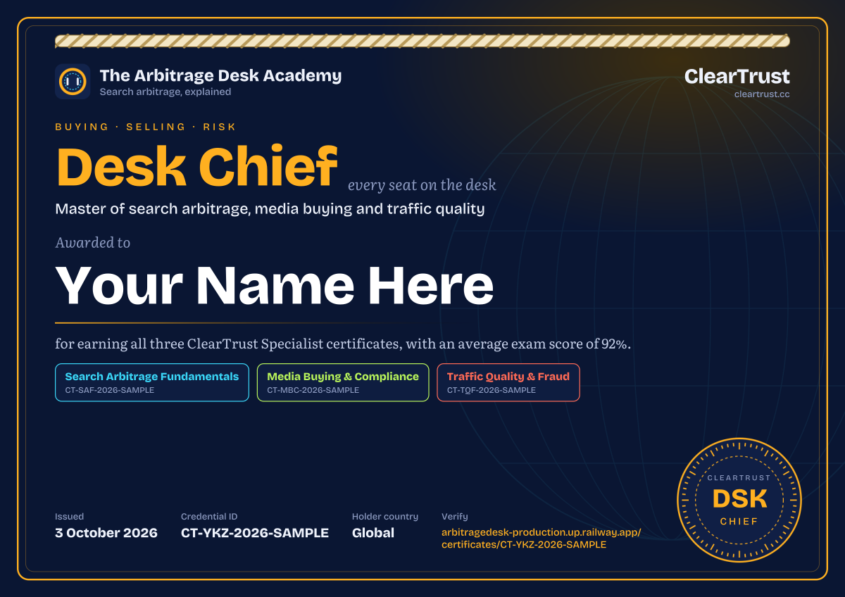 Specimen of the ClearTrust Search Arbitrage Desk Chief certificate