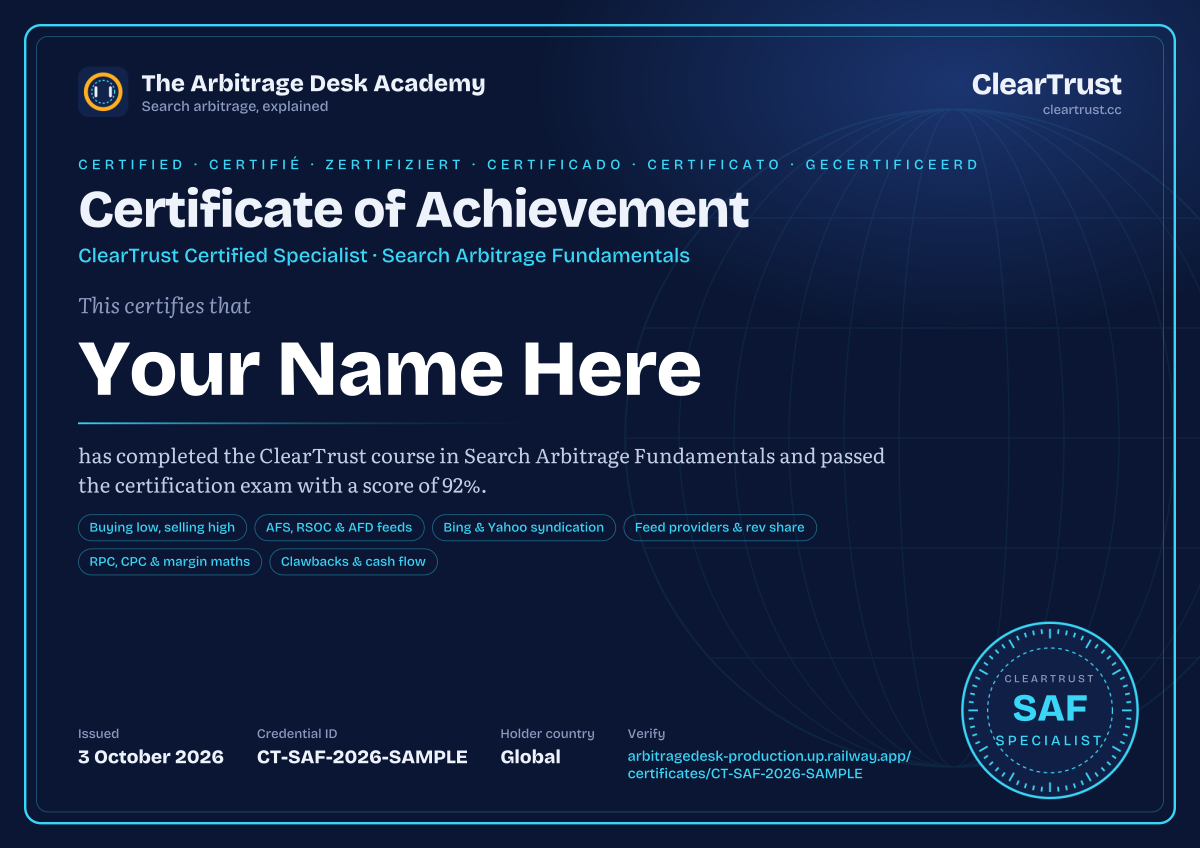 Specimen of the ClearTrust Certified Specialist: Search Arbitrage Fundamentals certificate
