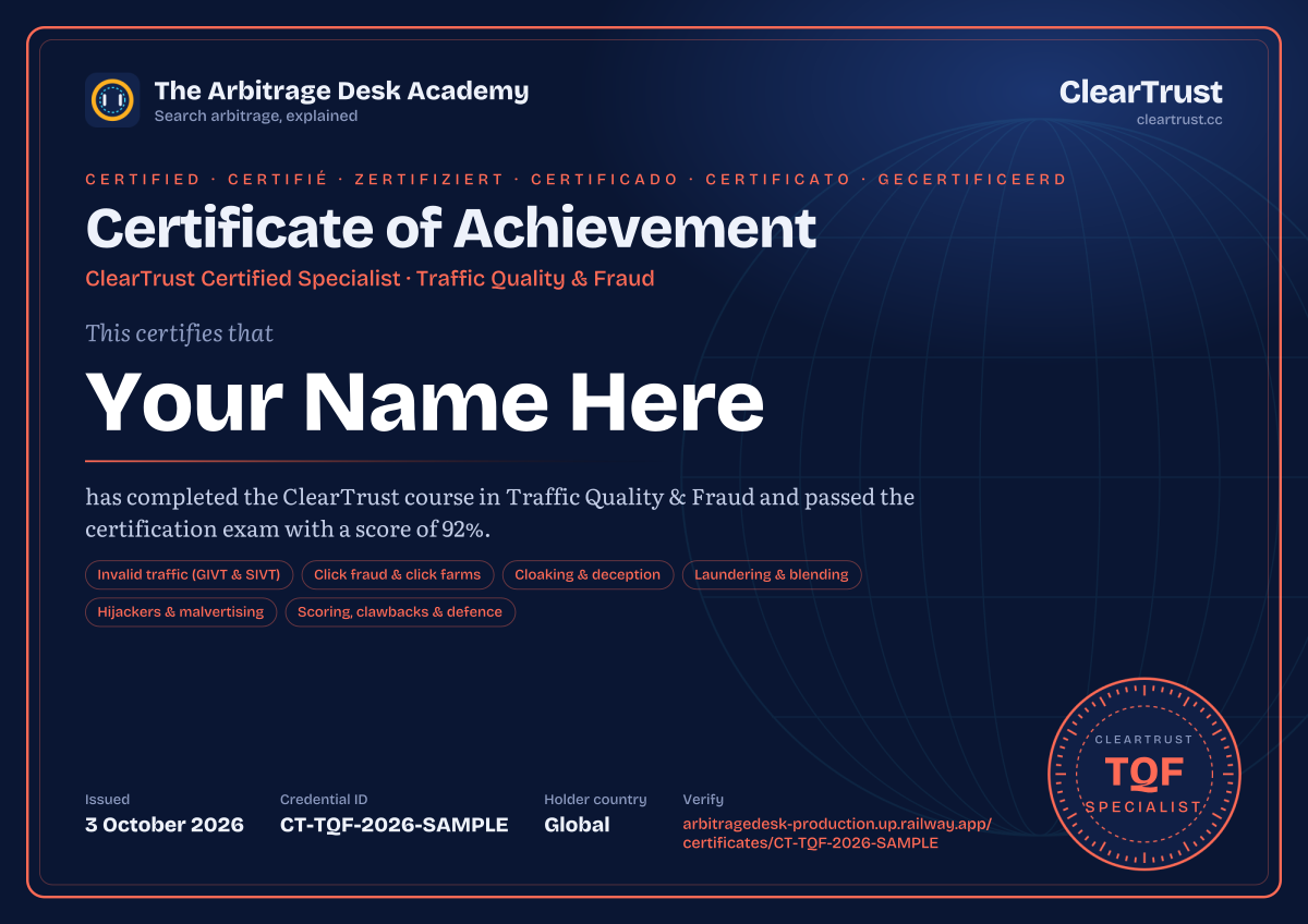 Specimen of the ClearTrust Certified Specialist: Traffic Quality & Fraud certificate